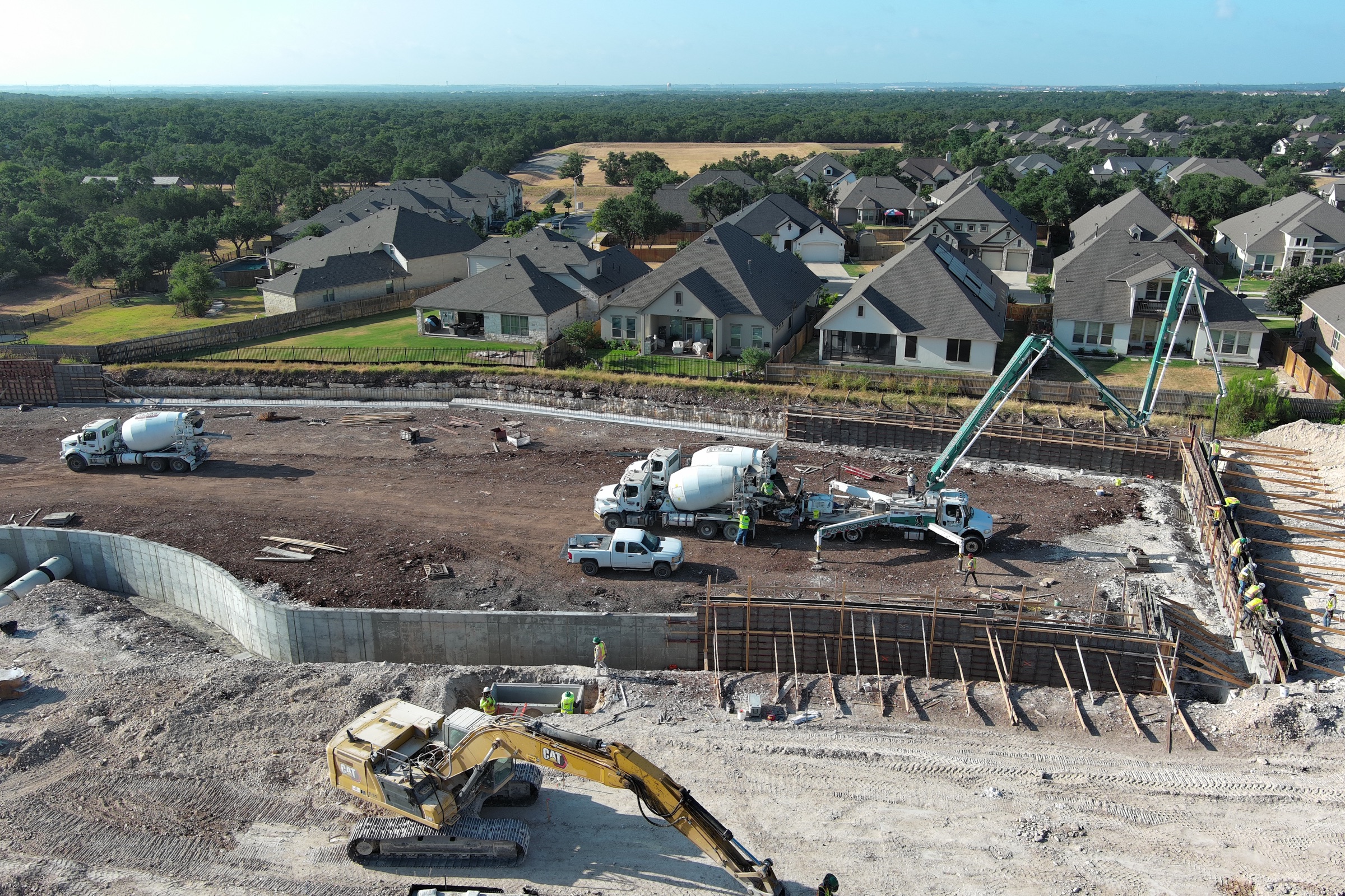 Wide aerial view of a concrete construction site